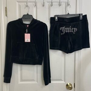 Juicy Couture Black Velour Hoodie and Shorts Set